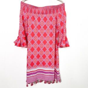 NWT Cabana Life Coral Geo Off-The-Shoulder Dress - M
